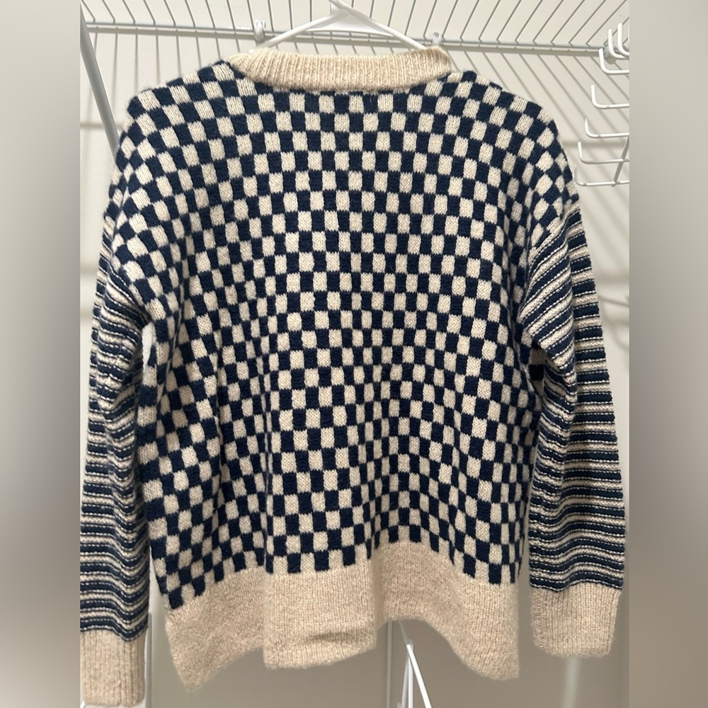 Madewell Navy and Cream Checkerboard Crewneck Sweater Alpaca blend. EUC XS - Picture 5 of 7